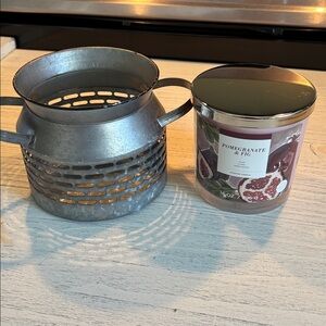 SONOMA CANDLE & HOLDER SET-14 Oz 3 Wick w/decorative antique look metal holder